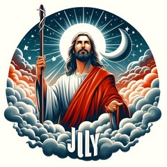 Jesus Christ in the Clouds with a Crescent Moon and Stars - July