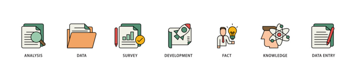 Fototapete - Research icon infographic illustration concept with icon of analysis, data, survey, development, fact, knowledge and data entry icon live stroke and easy to edit 