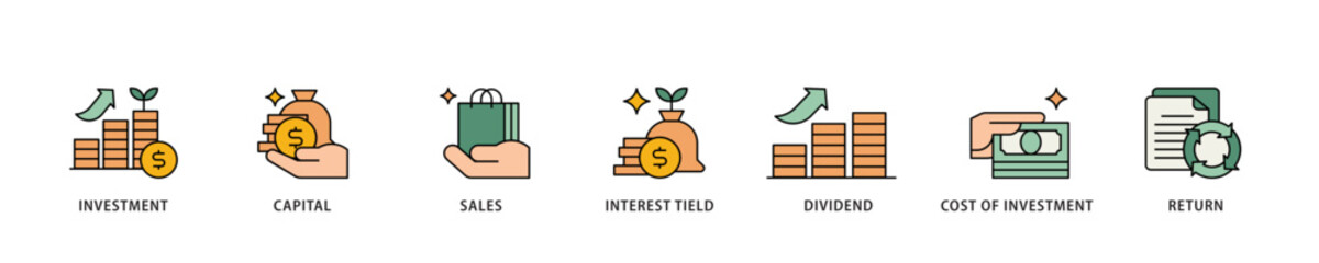 Poster - Roi icon infographic illustration concept with icon of return, interest tield, cost of investment, dividend, sales, capital, investment icon live stroke and easy to edit 