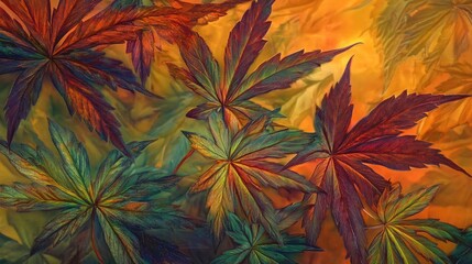 Aufkleber - A vibrant and colorful artistic depiction of maple leaves, showcasing a blend of rich autumn hues and intricate textures.