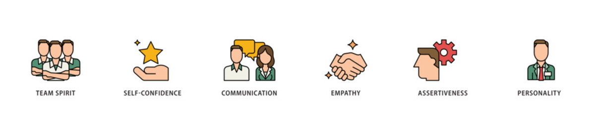 Poster - Soft skills icon infographic illustration concept with icon of team spirit, self confidence, communication, empathy, assertiveness, and personality icon live stroke and easy to edit 