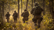 © ryker - group of soldiers walking throughforest, focused and determined.atmosphere is tense yet serene, with sunlight filtering throughtrees.
