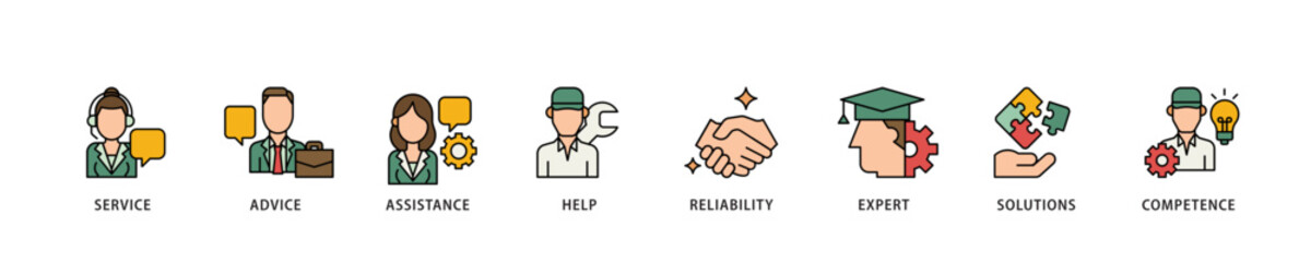 Poster - Support icon infographic illustration concept with icon of service, advice, assistance, help, reliability, expert, solutions and competence icon live stroke and easy to edit 