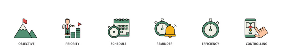 Poster - Time management icon infographic illustration concept with icon of objective, priority, schedule, reminder, efficiency, alerts, and controlling icon live stroke and easy to edit 