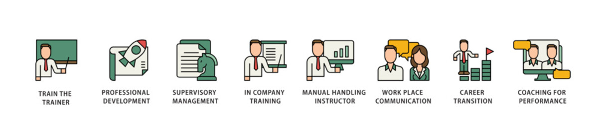 Poster - Training icon infographic illustration concept with icon of coaching, teaching, knowledge, development, learning, experience, and skills icon live stroke and easy to edit 