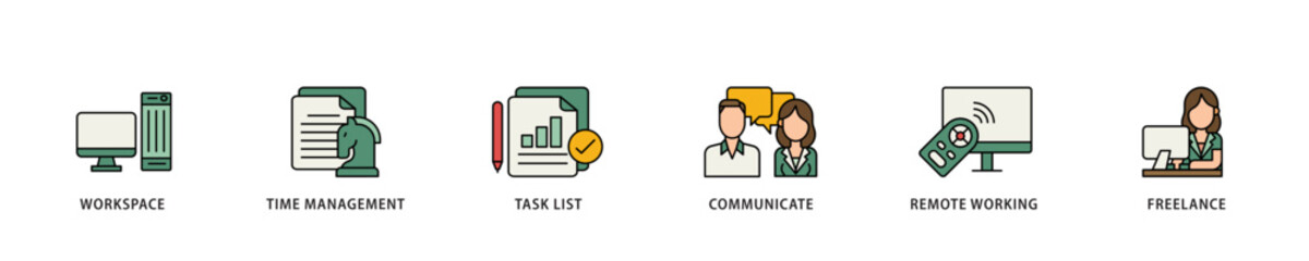 Poster - Work from home icon infographic illustration concept with icon of workspace, time management, task list, communicate, remote working and freelance icon live stroke and easy to edit 