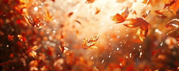 Poster - A captivating autumn scene with vibrant orange leaves swirling in sunlight, evoking the beauty of fall's transition.
