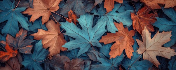 Poster - A vibrant collection of colorful autumn leaves arranged artistically, showcasing rich hues of orange and blue against a dark background.