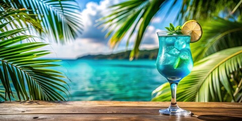 refreshing blue lagoon cocktail served in a tropical setting , cocktail, drink, blue, lagoon, tropic