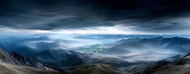 Wall Mural - A panoramic view of a mountain ecosystem, illustrating the energy flow between different altitudes and organisms, dramatic lighting with shadows enhancing the depth, more clarity with clear light and