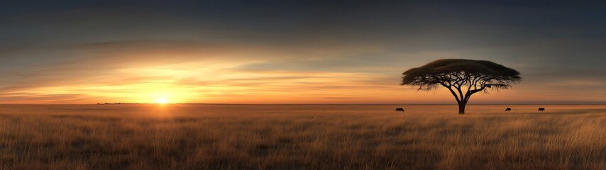 Wall Mural - A wide-angle shot of a savanna ecosystem at sunrise, showing the energy transfer between plants and herbivores, the warm glow of the sun adding depth to the scene, more clarity with clear light and