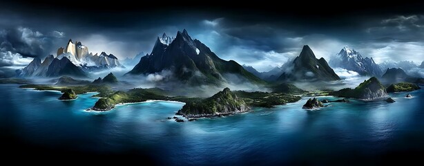Wall Mural - A panoramic view of a mountain ecosystem, illustrating the energy flow between different altitudes and organisms, dramatic lighting with shadows enhancing the depth, more clarity with clear light and