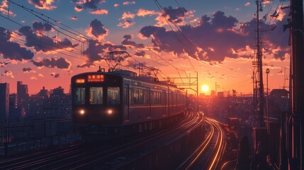 Sticker - anime landscape with train and sunset