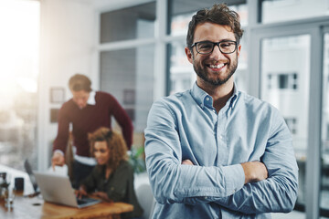 Poster - portrait, business and man with arms crossed, glasses and happiness with startup, smile or confidenc
