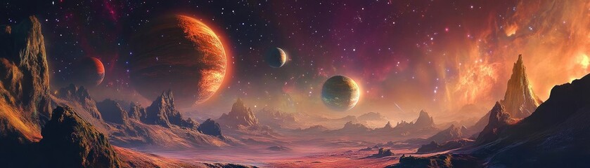 A captivating view of a surreal alien landscape featuring distant planets, vibrant colors, and cosmic scenery.