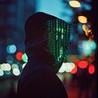 © Elena L - A mysterious figure in a hoodie with a face obscured by binary code stands against a blurred urban nightscape filled with colorful bokeh lights.