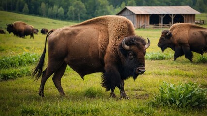 stock photography bisons in a beautiful farm