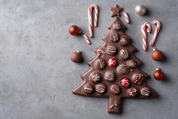 Overhead shot of a Christmas tree shape made from assorted holiday chocolates, featuring chocolate stars and bells, arranged on a textured concrete surface