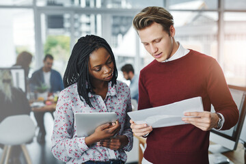 Poster - Tablet, team and business people with paperwork for planning, reading or help in startup office. Document, cooperation or creative discussion for brainstorming project ideas with social media manager