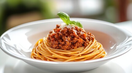 A beautifully presented dish of bolognese spaghetti on a contemporary dining table, the rich, red sauce and tender pasta creating a striking contrast against the minimalist modern setting