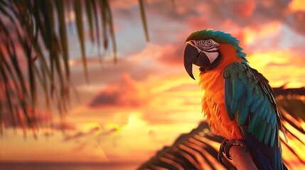 Colorful parrot sitting on a palm tree, with a warm, orange sunset sky in the background.