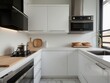 © Basileus - Modern White Kitchen with Stainless Steel Appliances and Wooden Accents