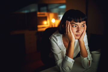 Aufkleber - Asian woman, office and tired at night on computer with reading on internet or online with research for deadline. Female person, business and exhausted or burnout as employee on overtime for project