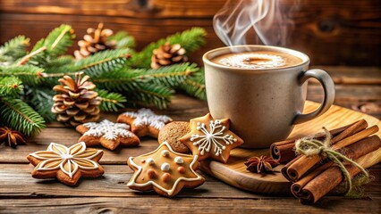 Cozy holiday scene with steaming hot chocolate and freshly baked gingerbread cookies , Christmas, holiday, winter, treat, festive