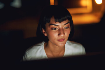 Poster - Computer, face and night with woman in web development office for project deadline or shift work. Desktop, programming and website design with asian employee in creative workplace for administration
