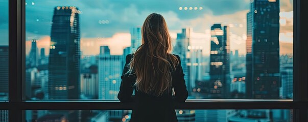 A woman gazes out at a city skyline from a window, capturing a moment of contemplation and urban beauty during sunset.