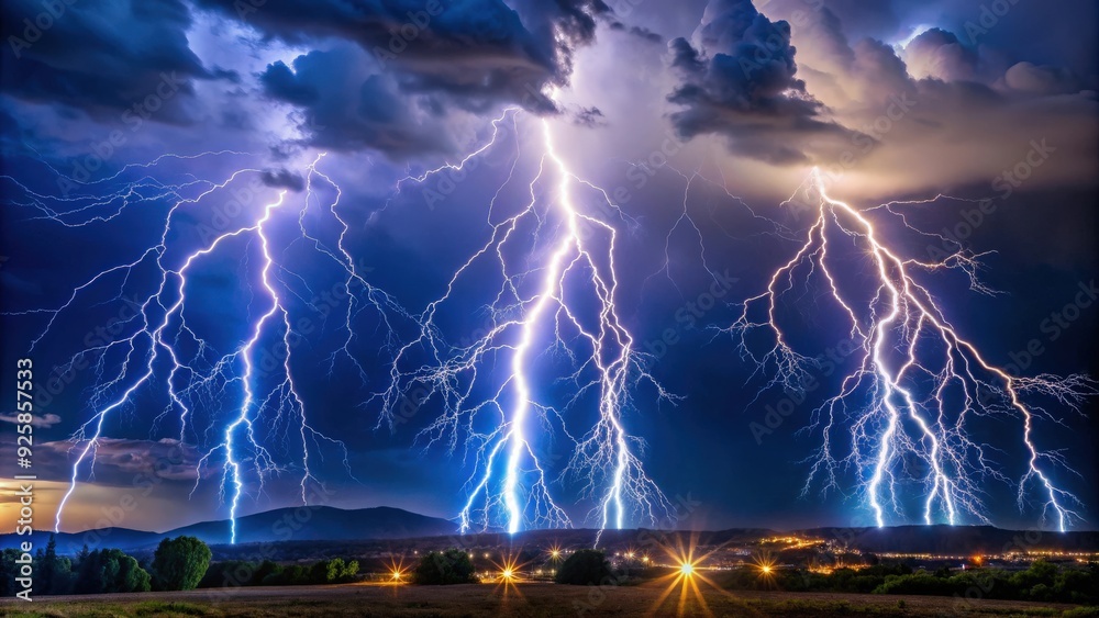 Clear view of lightning and thunderbolt strikes illuminating the night ...