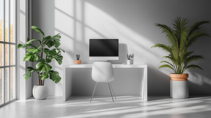 Poster - Minimalist technology workspace, sleek design, modern gadgets, clean aesthetics, high-tech minimalism, monochrome tones, 3D rendering