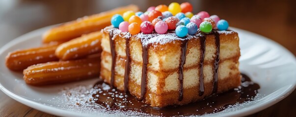 Wall Mural - Vanilla cake topped with colorful jellybeans and drizzled with chocolate sauce, served with a side of mini churros, vanilla cake jellybeans churros, playful dessert fusion