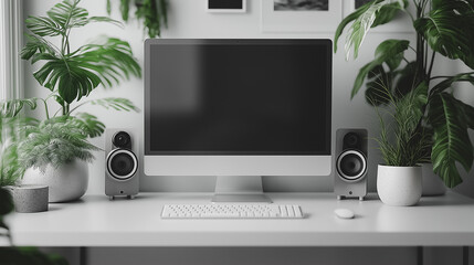 Poster - Minimalist tech setup, modern design, clean lines, futuristic gadgets, high-tech simplicity, monochrome visuals, 3D rendering