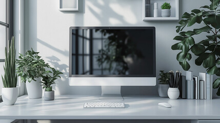Poster - Minimalist tech setup, modern design, clean lines, futuristic gadgets, high-tech simplicity, monochrome visuals, 3D rendering