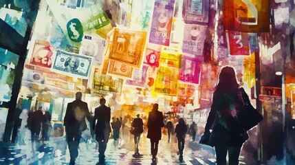 Currency exchange, multiple global currencies, vibrant scene, watercolor style