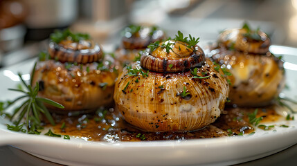 Escargots de Bourgogne in a white plate, in a luxurious shop.