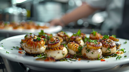 Escargots de Bourgogne in a white plate, in a luxurious shop.