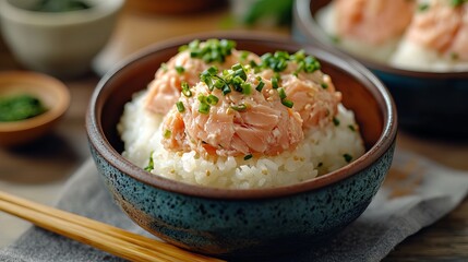 Wall Mural - Salmon rice bowl topped with chives served in a rustic restaurant setting