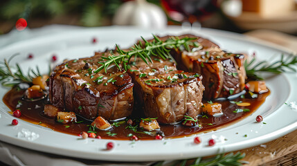 Gigot d'Agneau in a white plate, in a luxurious shop.