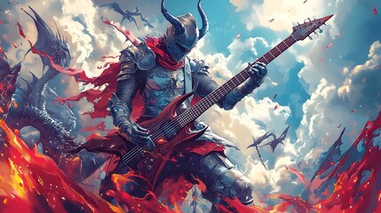 Brave Crusader Shredding Epic Guitar Riffs on Dramatic Dragon-Decorated Stage