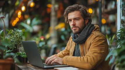Poster - Portrait of young professional in casual clothes, working on laptop, making notes at desk, remote work setup