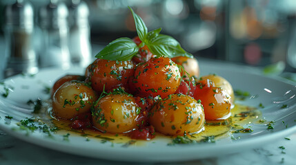 Ratatouille in a white plate, in a luxurious shop.