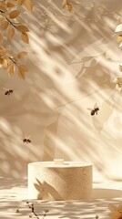 background image in light colors in nature round podium for product, 4 bees are flying near the podium for product, generative ai