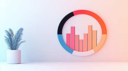 Poster - Colorful Bar Chart in Circle on White Wall with Plant.