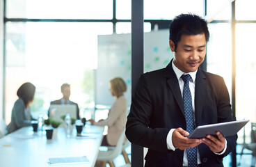 Poster - Asian man, tablet and office for legal planning, review policy and case draft for client. Male person, law firm and online for judicial research, professional attorney and legislation on website