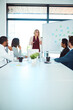 © peopleimages.com - Business people, coaching or whiteboard in presentation for profit growth, discussion or meeting. Talking, team or woman speaking of training ideas for teaching, research and revenue increase advice
