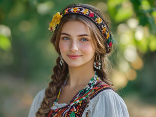 Wall Mural - Smiling Ukrainian Woman in Flower Wreath Enjoying Nature Outdoors in Summer Field