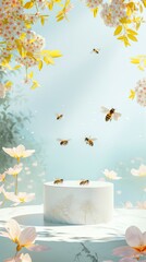 background image in light colors in nature round podium for product, 4 bees are flying near the podium for product, generative ai