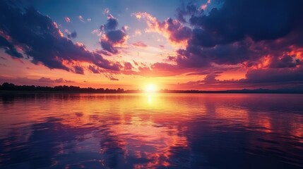 Poster - A tranquil lake at sunset, with the last light of the day reflecting off the water and the sky filled with rich colors, creating a serene and peaceful scene.